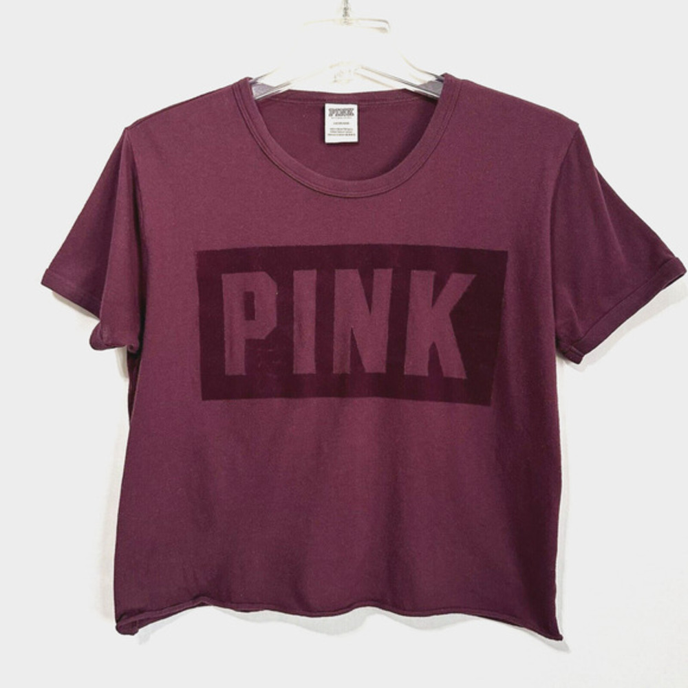 PINK Victorias Secret Crop Tee Shirt L Flocked Velvet Maroon Short Sleeve